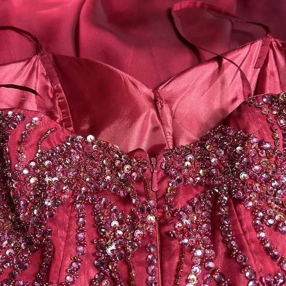 SHERRI HILL corset strapless flounce skater dress,rhinestones fit&flare,glam,red - Picture 12 of 16